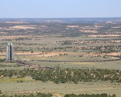 Looking down into the valley with the conveyor running into the loadout silo and a train in the loop getting ready to take coal. This is the first of the Sunday trains.