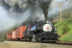 Clover Valley Lumber #4 leads the charge up the grade into Sunol. Love the old communication pole on the hillside.