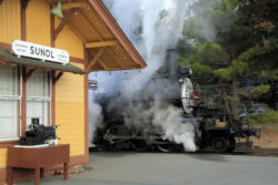 Clover Valley Lumber #4 simmers in front of the station.