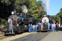 A shot of our operating crew posing with the two engines at Sunol. Thank you to all of them, and to the folks behind the scenes who have saved, restored, and maintained all of this old equipment, for making an absolutely fantastic day possible.