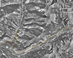 Annotated aerial photo/map of the western approach to the Alpine Tunnel - everything from Pitkin up to the west portal.