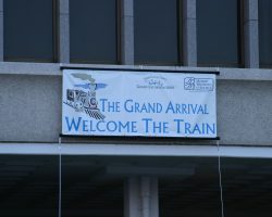 The sign marking the arrival of the railroad portion of Grand Excursion 2004 to the Quad Cities