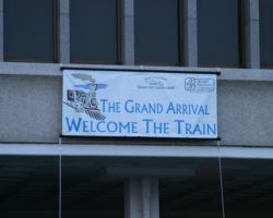 The sign marking the arrival of the railroad portion of Grand Excursion 2004 to the Quad Cities