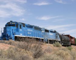 The westbound sits, ready for departure, at the west end of the Rincon, NM, yard.