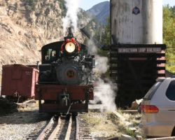 GLRR's 14, a 1916 Lima 3-truck Shay, sitting at the western end of the track, under the water tank