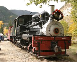 The only GLR steamer not fired up is 70-ton Shay #8, sitting as a display with a Colorado & Southern caboose across from the Georgetown depot.