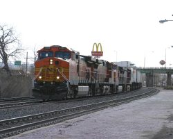 Amtrak's Southwest Chief, the occasional Z train, and a few detours are about the only things left on the Raton mainline. Zs aren't all that rare (two a day or so), but I've never actually caught one before. After stopping to get something to drink downtown, the eastbound Z shows itself, passing by the Trinidad depot and under I-25.