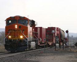 One more look at the special in downtown Hoehne, CO, before calling it a day. Note the old ATSF searchlight signals protecting the siding.