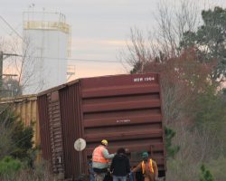 The first sign of life on the Thomasville-Albany line wasn't a train, but rather this derailed car on an industry spur north of Ochlocknee, GA.