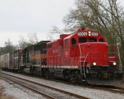 I actually spotted the northbound at Pelham, but there's not a whole lot of road access between there and Camilla. So, I just drove up to the south end of the Camilla yard and waited for the train to arrive, lead by GFRR 5002, an ex-Milwaukee GP9 that that road rebuilt.