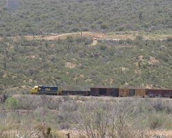 A HBP Arizona / San Manuel Arizona junk train departs southward from the CBRY connection at Dudleyville, AZ