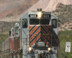 CBRY 503 leads a loaded OT-2 down from the mine, exiting the Ray Block into Ray Junction