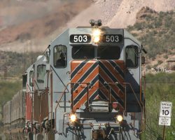 CBRY 503 leads a loaded OT-2 down from the mine, exiting the Ray Block into Ray Junction