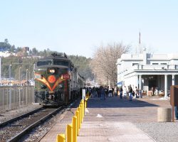 GCRY 6773, their original ex-VIA, exx-CN FPA-4, sits on the point of the train at Williams, AZ, on a cold 5-Feb-2005