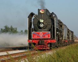 Just before leaving for the final leg of the journey back to Rock Island, 7081 does a little blow-down to clean crud from the bottom of the boiler.