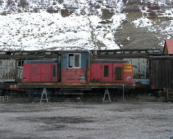 5 is missing its trucks as well. Apparently they're off being worked on or rebuilt. Notice it's chalked "Betsy" on the cab