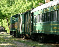 The actual ES&NA train sits on a stub of track under shade trees. The switcher is ESNA 4742, an SW1, built as Chicago & Illinois Eastern #98