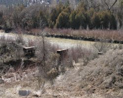 Where the two separate again, occasional hints of the former railway can be seen, such as these trestle bents outside Carracas.