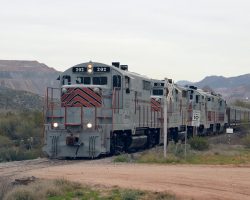 The next day, there's a rare treat at Kelvin - four GP9s are pulling the ore train down from the mine. Note - no dynamics!