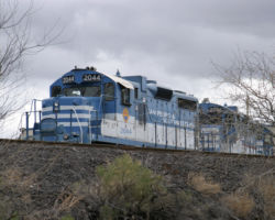 A San Pedro Southwestern GP20 at the Arizona Eastern enginehouse near Globe, AZ, on 2-Feb-2005