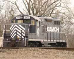 One of the pre-RailAmerica Kiamichi units at Hugo, OK, on 1-Feb-2004
