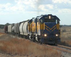 The line swings out and around to gain elevation between Blanket and Comanche. Here's the train on the grade.