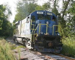 This is the FVRR's one unit, B23-7 3145 (ex-CSXT) returning to the quarry. Love that cow skull draped across the nose!