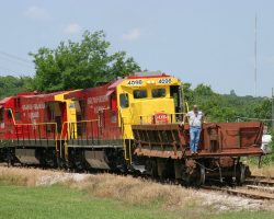 Today, the two ex-Monongahela GE Super-7s (4063 and 4068) switch the Wilburton, OK, yard, where the road is based