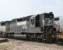 Not quite as rare as the A&M Alcos but still a dying breed, we find the second unit on the stacker is NS 1614, a high-nose SD40 (not -2) of N&W heritage.