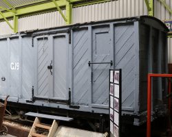 This is goods wagon G.19. This one was built in 1921 out of the frame of 1873 brake van E.3. They used for general freight and often attached to the back end of passenger trains. This is one of three G-class cars to exist.