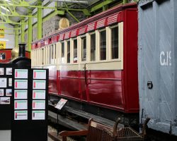 Coach F.75 is tucked in between Mannin and G.19 where it's tough to get a picture. F.75 is a "pairs" coach, built from the bodies of two smaller1873-1874 era 4-wheeled coaches (in this case A.12 and C.9) were mounted on a single steel frame and put on 4-wheel trucks.