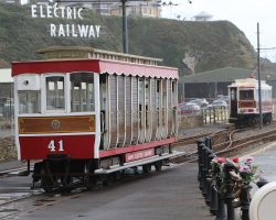 Car #6 comes up from the shops to pick up trailer #41 for its trip north. #6 was built in 1894, whereas trailer #41 is a 1930 build to replace trailers lost in the Laxey carhouse fire.