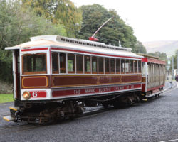 MER #6 and trailer coming into the Laxey station grounds southbound.