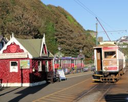 The Manx Electric's very interesting ticket office at Douglas / Derby Castle, along with #5 headed out on a late afternoon northbound run.
