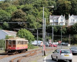 North of the Laxey station, the road and railway go over a tremendous fill over the Laxey River and the Great Laxey Mine Railway