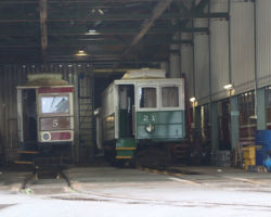 Inside the west stall, we see cars 5 (one of the 1894 "tunnel cars") and 21 (an 1899 "winter saloon" car).