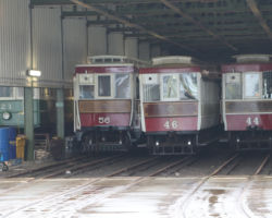 On the east side of the shed, cars 56 (a 1904 saloon), 46 (an 1899 roofed toastrack) and 44 (a 1903 roofed toastrack) are visible.