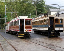 My transportation up from Douglas that morning (MER #6 and trailer) meets my transportation to the top of Snaefell (SMR #1) at the Laxey station. While they share a platform, the two railways have different gauges.