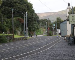 Looking north at the Laxey station grounds. The Snaefell railway is on the far left, and you can see it start up the hill in the background.