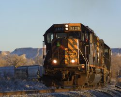 First light shines on DRGW 3129 southbound at Whitewater, CO