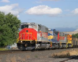 Utah 5006, a newly-rebuilt MK50-3, leads the oddball MPEX 5000 and MK50-3 brethren 5002 and 5006 through Price, UT, on an empty IPPX train.