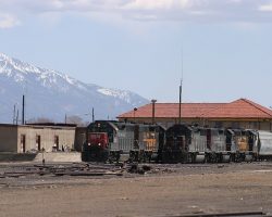 Broken apart for the two locals (the West Local, LDP51, to Monte Vista, and the South Local, LDP53, to Alamosa), the two sets of power sit beside each other at the Alamosa depot.