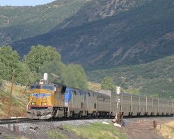 The eastbound (and late) California Zephyr, Amtrak 6, about to crest Soldier Summit. UP 4821 is up front giving it a little boost up the hill, probably to help make up time.