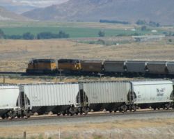 Manned helpers! A helper crew with UP 3101 and 3269 gives the train a shove up the hill, towards Mountain Home, ID.