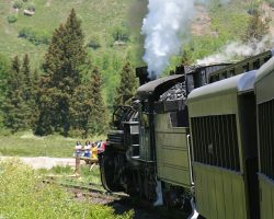 Here we are with Jeremy (the engineer) laying on the whistle for the second crossing of Highway 17 near Coxo. We'd just stopped for water at Cresco, and while we had a bit of a problem getting started again, it wasn't nearly as bad as the slipping on some of the first trips of the year. It just shows the rails are getting polished and the weeds cut down!