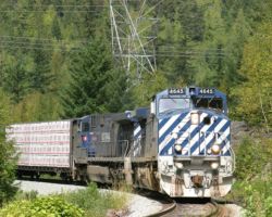 Squealing around a sharp curve at approximately MP102, 4645 south drifts downgrade towards Mt. Currie.