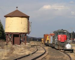 Since the lighting at Alamosa was lousy and both locals had retreated into the yard, I decided to head west to check out what was happening on the Creede Branch (the one remaining part of the Grande system in Colorado that I hadn't explored). Since 2000, it has been owned by the Denver & Rio Grande Railway Historical Foundation, a group trying to restore the line to operation and offer a tourist train as well as possible freight service.