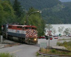 Nearly at Squamish, the NVPG Darrell Bay and road to the Western Pulp barge/ferry slip.