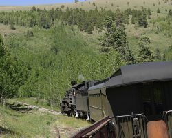 Toltec Siding is now the longest on this section of the line. Originally 1166 feet long, it was expanded to 3400 feet in the 1950s because of the long gas-pipe trains running over the railroad. Now it mainly sits and rusts in the weeds.