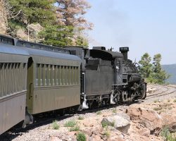 After Toltec, the line torturously winds around the cliffs towards Sublette. The C&TS has restored the section house and associated buildings at Sublette, but unfortunately there's not really a good way to see them. Here we see the train just outside of Sublette near MP 307 - the site of additional trackwork in recent years, as evidenced by the new ballast.